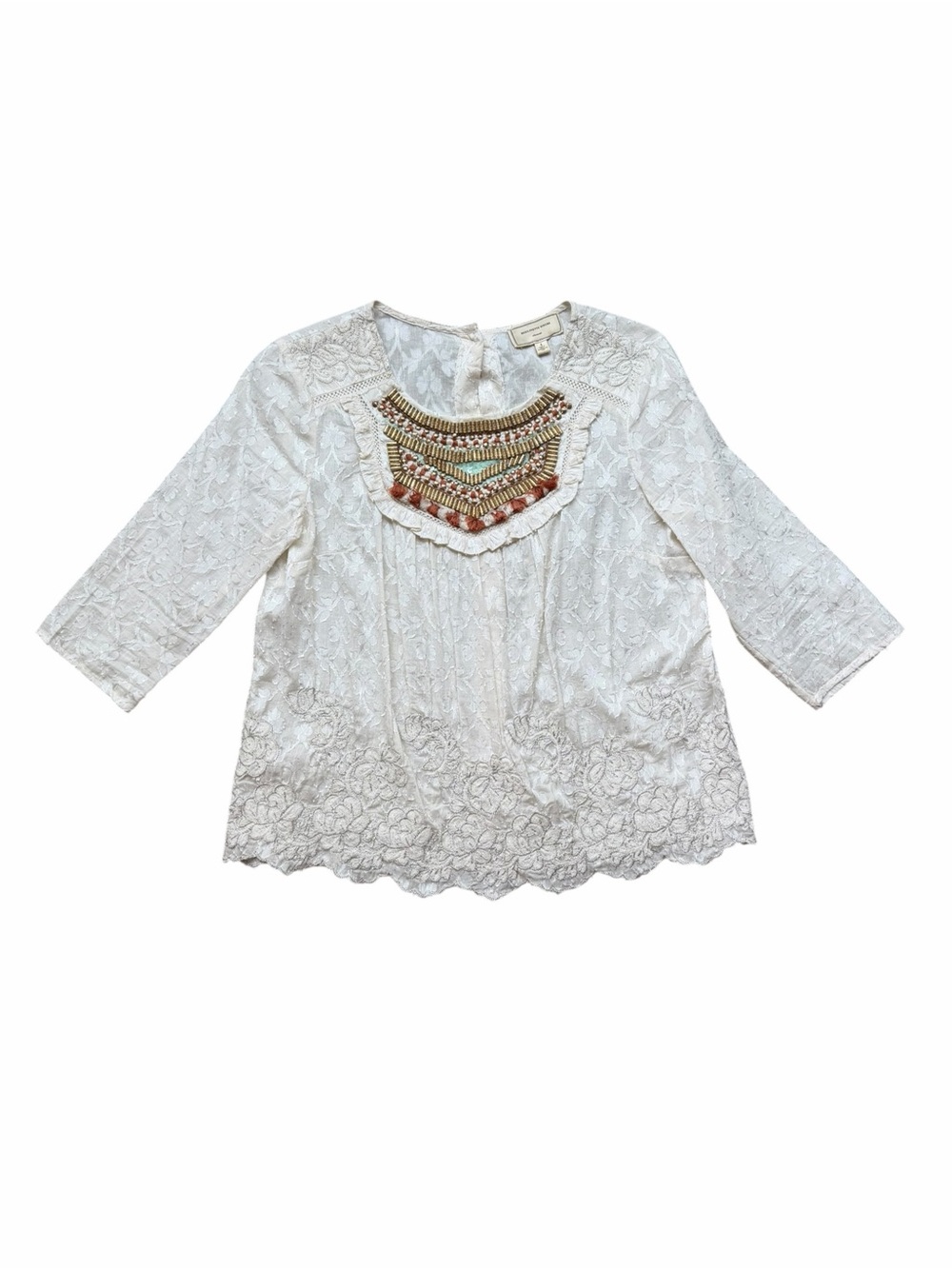Moulinette Soeurs Cream Embroidered Beaded Neckline Button Back Blouse